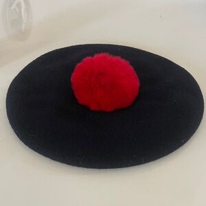Laulhere Heritage Petit Pompon Beret Black Merino Wool with Red Rral Fur Pompon